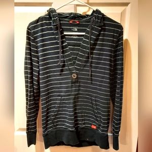 The North Face Shirt Womans Medium Navy White Striped Long Sleeve Hooded Outdoor
